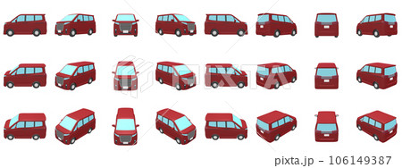 自動車のイラスト素材　デフォルメ　ミニバン　ディープレッド　24点セット 106149387
