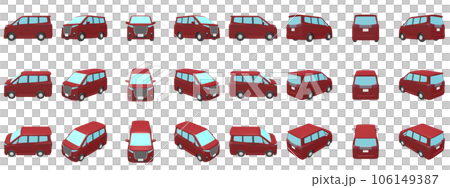 自動車のイラスト素材　デフォルメ　ミニバン　ディープレッド　24点セット 106149387