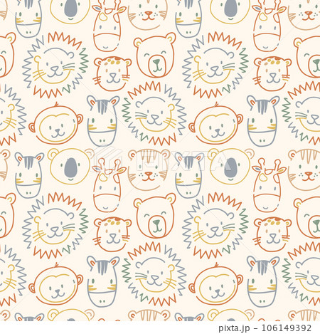 Beautiful kids vector seamless pattern with cute hand drawn safari animal faces. Children stock lion tiger bear zebra monkey illustratrion. 106149392