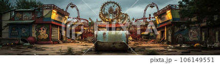 Nighttime abandoned amusement park with sanatorium, ferris wheel, and foggy park. Background concept for Halloween Nighttime abandoned amusement park with sanatorium, ferris wheel, and foggy park. Background concept for Halloween 106149551