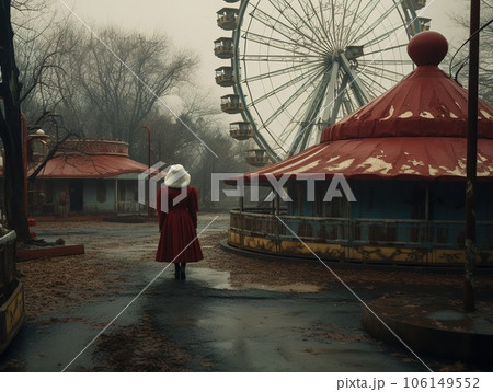 Nighttime abandoned amusement park with sanatorium, ferris wheel, and foggy park. Background concept for Halloween 106149552