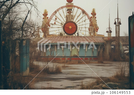 Nighttime abandoned amusement park with sanatorium, ferris wheel, and foggy park. Background concept for Halloween Nighttime abandoned amusement park with sanatorium, ferris wheel, and foggy park. Background concept for Halloween 106149553