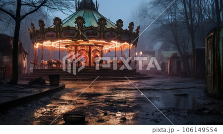 Nighttime abandoned amusement park with sanatorium, ferris wheel, and foggy park. Background concept for Halloween Nighttime abandoned amusement park with sanatorium, ferris wheel, and foggy park. Background concept for Halloween 106149554