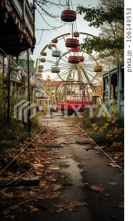 Nighttime abandoned amusement park with sanatorium, ferris wheel, and foggy park. Background concept for Halloween Nighttime abandoned amusement park with sanatorium, ferris wheel, and foggy park. Background concept for Halloween 106149558