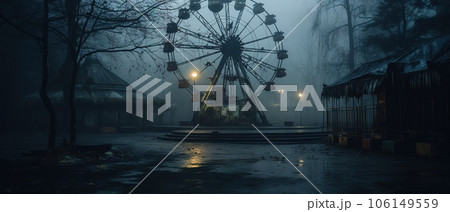 Nighttime abandoned amusement park with sanatorium, ferris wheel, and foggy park. Background concept for Halloween 106149559