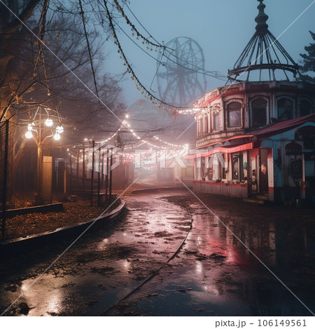 Nighttime abandoned amusement park with sanatorium, ferris wheel, and foggy park. Background concept for Halloween Nighttime abandoned amusement park with sanatorium, ferris wheel, and foggy park. Background concept for Halloween 106149561