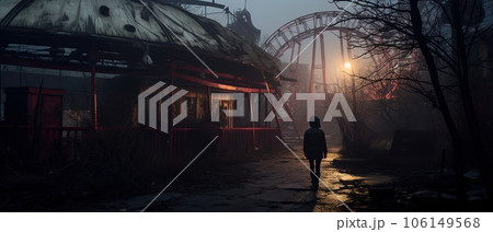 Nighttime abandoned amusement park with sanatorium, ferris wheel, and foggy park. Background concept for Halloween Nighttime abandoned amusement park with sanatorium, ferris wheel, and foggy park. Background concept for Halloween 106149568