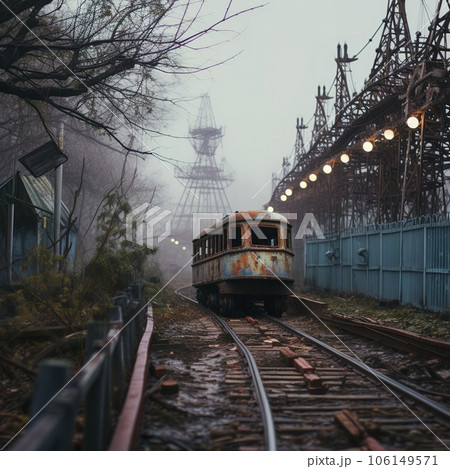 Nighttime abandoned amusement park with sanatorium, ferris wheel, and foggy park. Background concept for Halloween Nighttime abandoned amusement park with sanatorium, ferris wheel, and foggy park. Background concept for Halloween 106149571