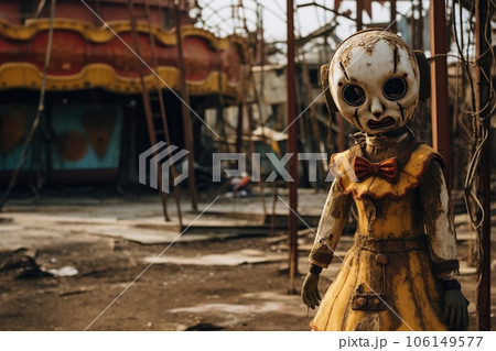 Nighttime abandoned amusement park with sanatorium, ferris wheel, and foggy park. Background concept for Halloween Nighttime abandoned amusement park with sanatorium, ferris wheel, and foggy park. Background concept for Halloween 106149577