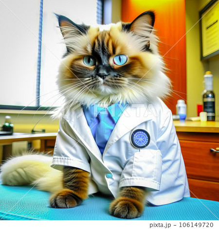 Portrait of a cute cat in a stethoscope in medical clothes, a cat doctor in a veterinary clinic. cat veterinarian 106149720