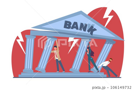 Bank collapse or bankruptcy, businessmen try to save crumbling bank building. World financial crisis. Economic failure, people money loss. Cartoon flat style isolated vector concept Bank collapse or bankruptcy, businessmen try to save crumbling bank building. World financial crisis. Economic failure, people money loss. Cartoon flat style isolated vector concept 106149732