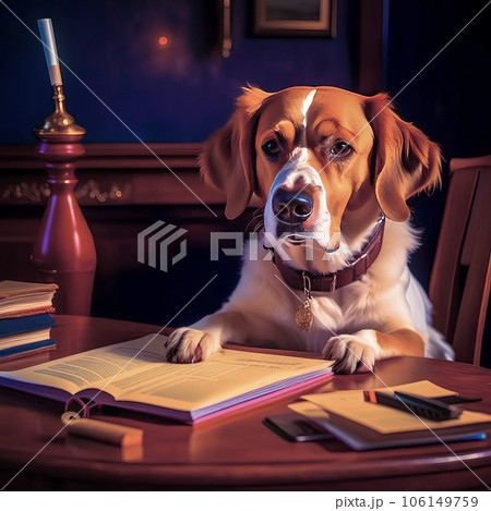 Serious dog writer, dog journalist, dog secretary, dog with book and feather 106149759