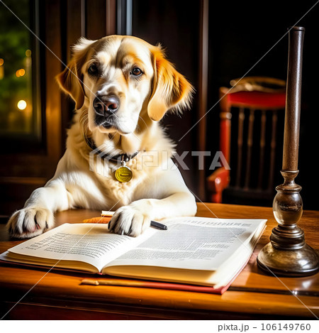 Serious dog writer, dog journalist, dog secretary, dog with book and feather 106149760
