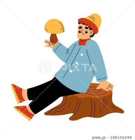 Cute Boy Character Enjoy Autumn Season Sit on Tree Stump with Mushroom Vector Illustration 106150249