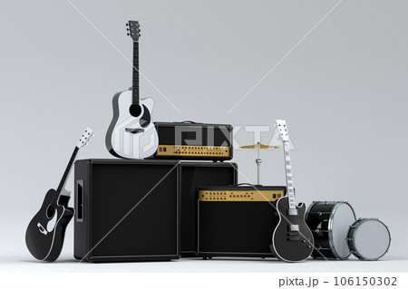 Set of electric acoustic guitars, amplifiers and drums with cymbal on white 106150302