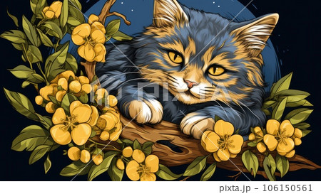 A cat sitting on a branch with yellow flowers, AI 106150561