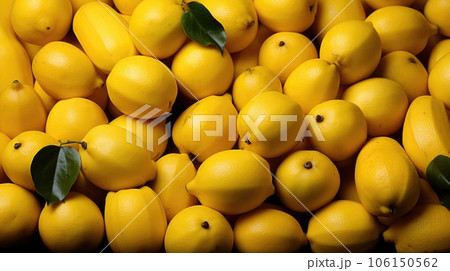 A pile of lemons with some leaves on them, AI 106150562