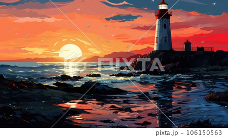 A painting of a lighthouse at sunset, AI 106150563
