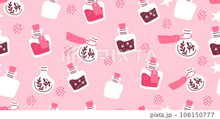 Pink pattern with potion bottles. Witch pattern in hand drawn style, suitable for pink Halloween party, valentines day. Vector illustration 106150777