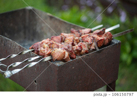 Outdoor picnic with grilling fresh meat shish kebab (shashlik) on a steel skewers on a grill wood coal. BBQ on summer picnic in green garden 106150797