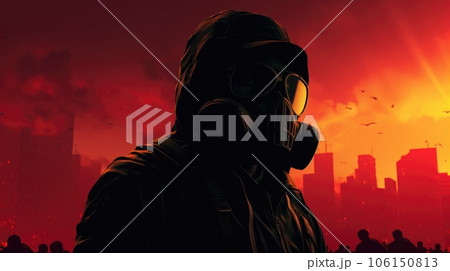 The man in a gas mask is standing in front of a city, AI 106150813