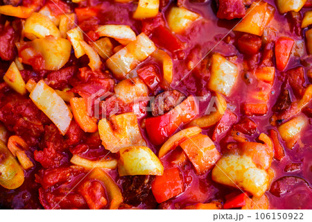 Letcho, a popular Hungarian food. Lecso. letcho with red pepper and tomato. 106150922