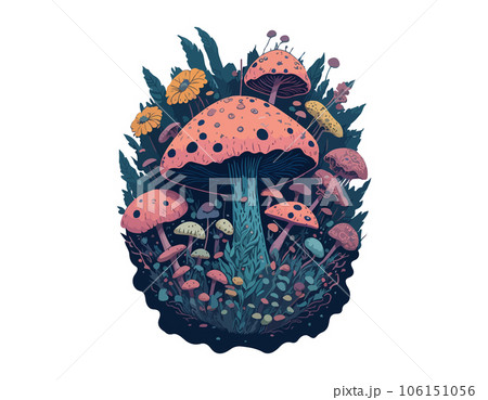 Vector Celestial Mystical boho mushrooms, magic mushroom. Fly agaric fabulous with flowers for printing on T-shirts. Vector Celestial Mystical boho mushrooms, magic mushroom. Fly agaric fabulous with flowers for printing on T-shirts. 106151056
