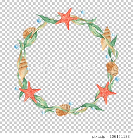 Sea wreath, seaweeds, seashells, red starfish and water bubbles. Marine design. Watercolor hand drawn illustration isolated on white background. For cards, logos, marine design. Sea wreath, seaweeds, seashells, red starfish and water bubbles. Marine design. Watercolor hand drawn illustration isolated on white background. For cards, logos, marine design. 106151188