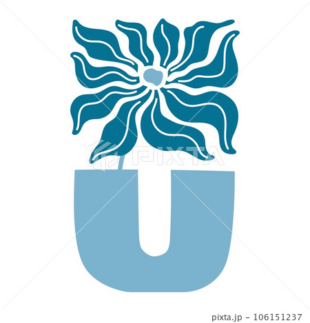 Matisse inspired vase. Blue flower, trendy simple elegant turquoise bouquet with intricate veins, flowing leaves and stem. Modern floral vibes, contemporary sophistication. Vector flat illustration 106151237