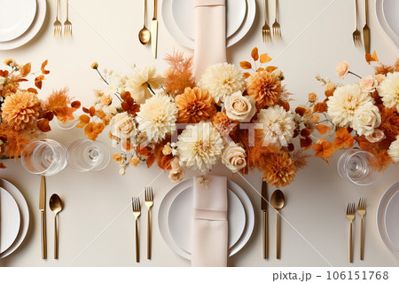 Autumn table setting with pumpkins and flowers...のイラスト素材 [106151768 ...