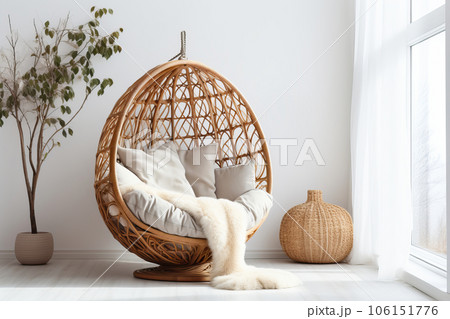 Wicker chair cocoon in a modern living room in boho style.  106151776