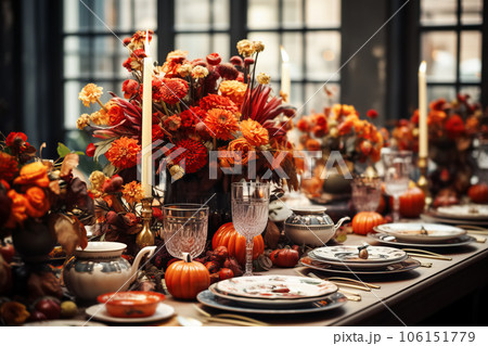 Autumn table setting with pumpkins and flowers...のイラスト素材 [106151779 ...