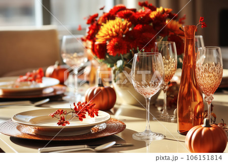 Autumn table setting with pumpkins and flowers...のイラスト素材 [106151814 ...