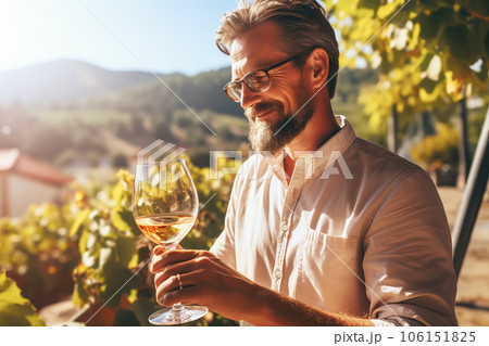 Happy successful male winemaker is tasting a flavor and checking red wine quality from a glass on vineyards background.  106151825