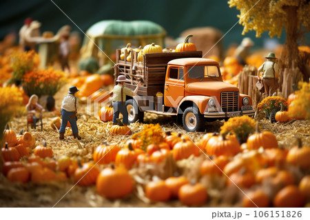 Tiny workers farmers harvest pumpkins in the field. Tiny workers farmers harvest pumpkins in the field. 106151826