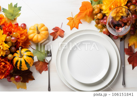 Autumn table setting with pumpkins and flowers...のイラスト素材 [106151841 ...