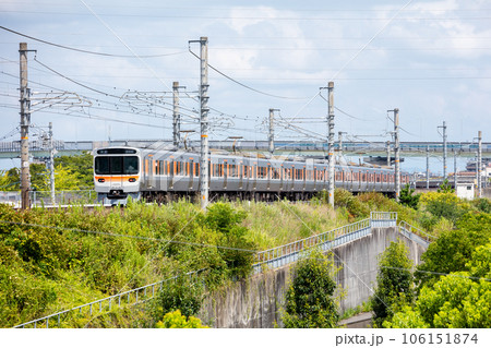 【中央本線】夏空を背に高架区間を走行する普通列車 106151874