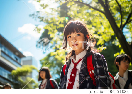 Japanese schoolgirl in uniform and schoolchildren go to school on a sunny day. Japanese schoolgirl in uniform and schoolchildren go to school on a sunny day. 106151882