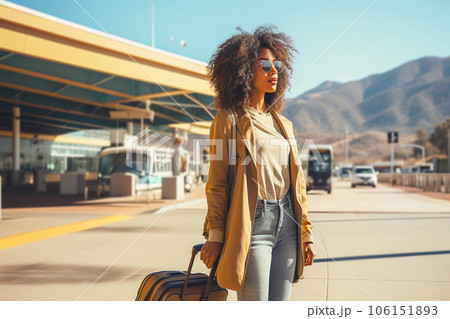 African American female traveler walking with suitcase at the modern transport stop outdoors. African American female traveler walking with suitcase at the modern transport stop outdoors. 106151893