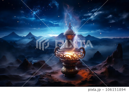 Aladdins mysterious lamp with glowing fire and smoke on magical night sky and desert background.  106151894