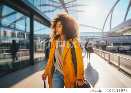 African American female traveler walking with suitcase at the modern transport stop outdoors.  106151972