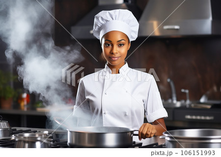 African american chef woman preparing food in a professional kitchen.  106151993