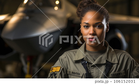 Female African American fighter pilot soldier stands outside her fighter jet - generative AI. 106152031