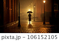 woman under the rain with an umbrella in a dark street - generative AI 106152105