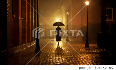 woman under the rain with an umbrella in a dark street - generative AI 106152105
