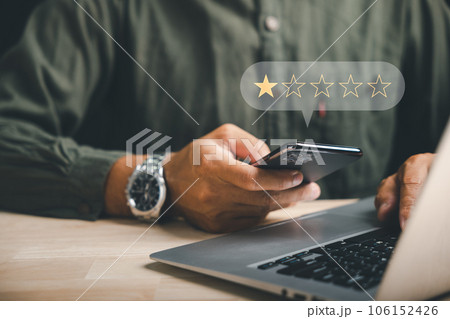 Negative feedback concept. Dissatisfied customer experience. 1-star rating review in survey. Unhappy client expressing sadness emotion face. Bad user experience on smartphone. Business dissatisfaction 106152426