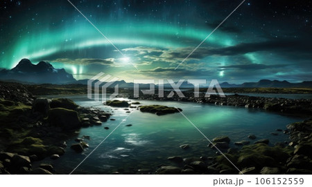 Aurora borealis over the mountains and river, AI Aurora borealis over the mountains and river, AI 106152559