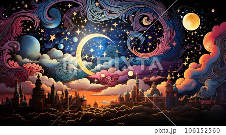 A colorful painting of a city and stars, AI A colorful painting of a city and stars, AI 106152560