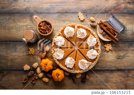 Traditional Thanksgiving pumpkin pie cut into slices 106153215