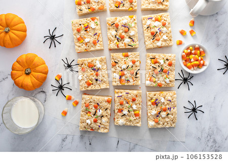 Rice cereal treats for Halloween with festive sprinkles Rice cereal treats for Halloween with festive sprinkles 106153528
